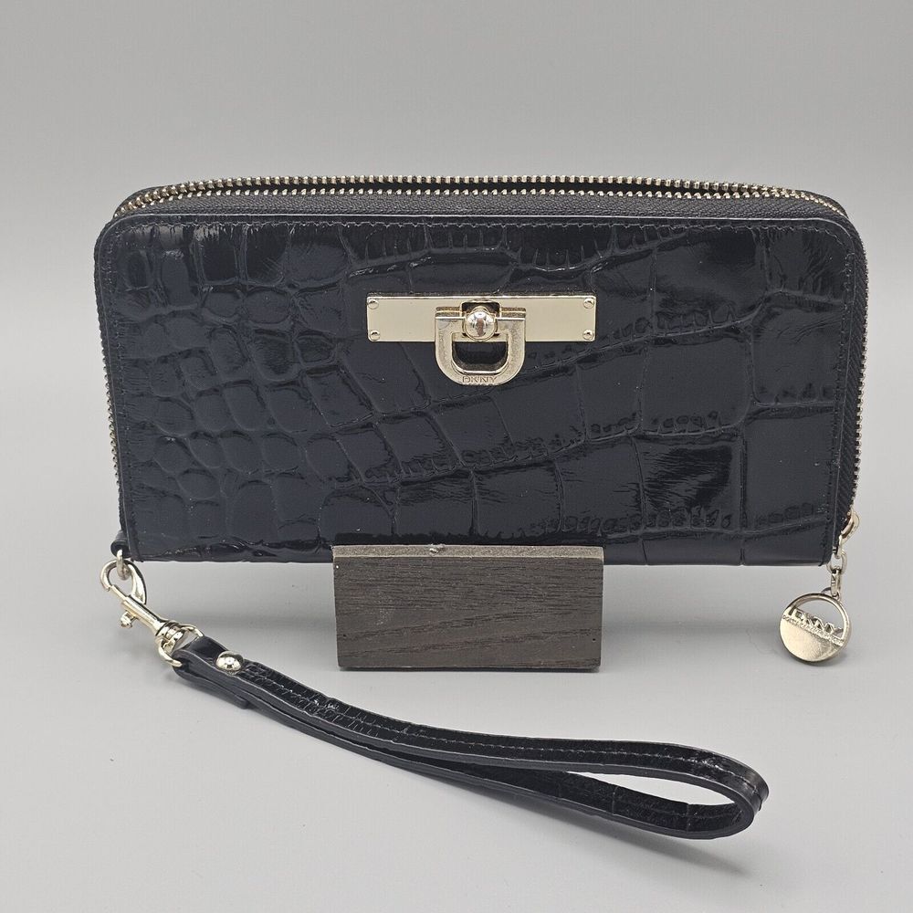 DKNY Vela Large Zip Around Womens Wallet Clutch Black Croc Trifold Gold Buckle